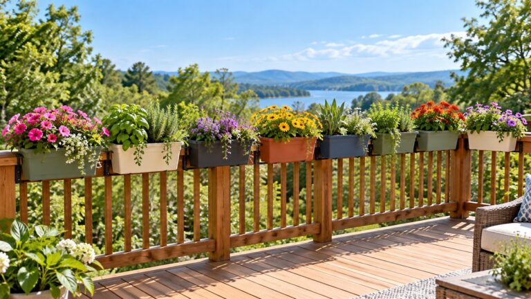 Seven flower and herb planter boxes line a wooden deck railing.