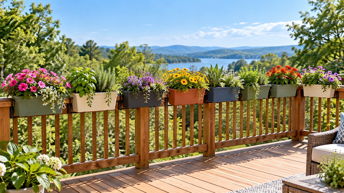 Seven flower and herb planter boxes line a wooden deck railing.