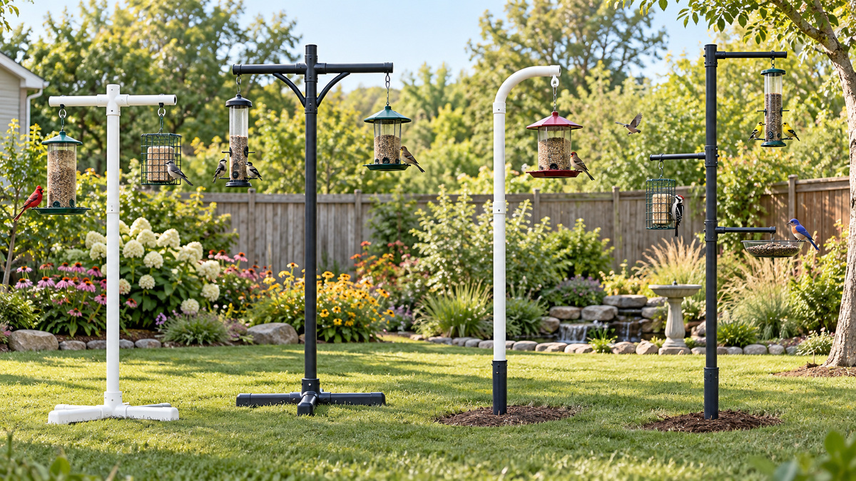 DIY PVC bird feeder pole options shown at full height in a sunny backyard garden.