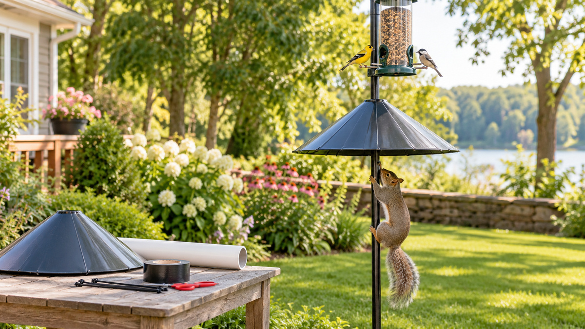 A homemade squirrel baffle protects a bird feeder in a sunny garden.