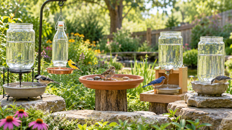 Five homemade-style bird water dispensers arranged in a sunny garden.