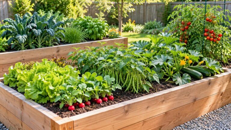 Easy vegetables grow in organized sections of sunny wooden raised beds.