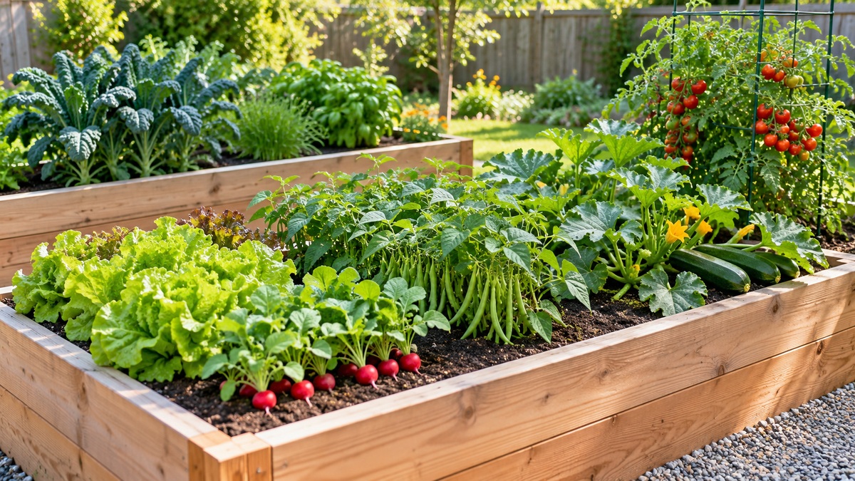 Easy vegetables grow in organized sections of sunny wooden raised beds.