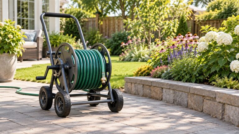 A wheeled garden hose reel cart stands on a patio beside a flower bed.