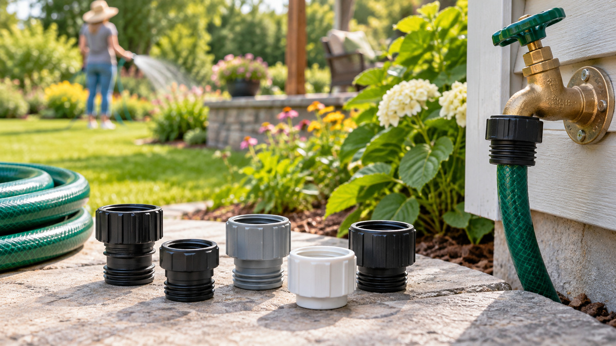 A clear outdoor scene showing the compared everbilt 1 1 4 in polypropylene fip garden hose adapter options beside the setup they are meant to serve.