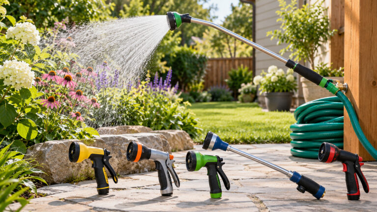 Five garden hose fan spray nozzle configurations displayed in a sunny backyard.