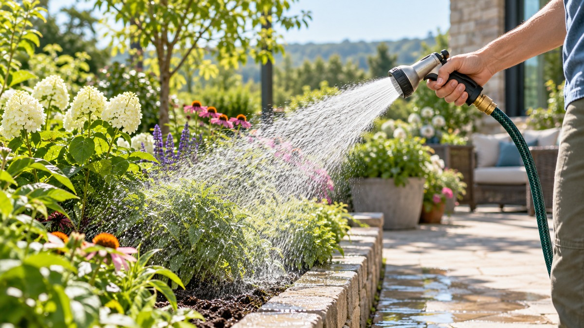 A hand sprays water over a sunny garden bed with a metal hose nozzle.