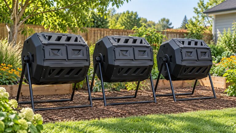 Three black dual-chamber compost tumblers stand in a sunny backyard garden.