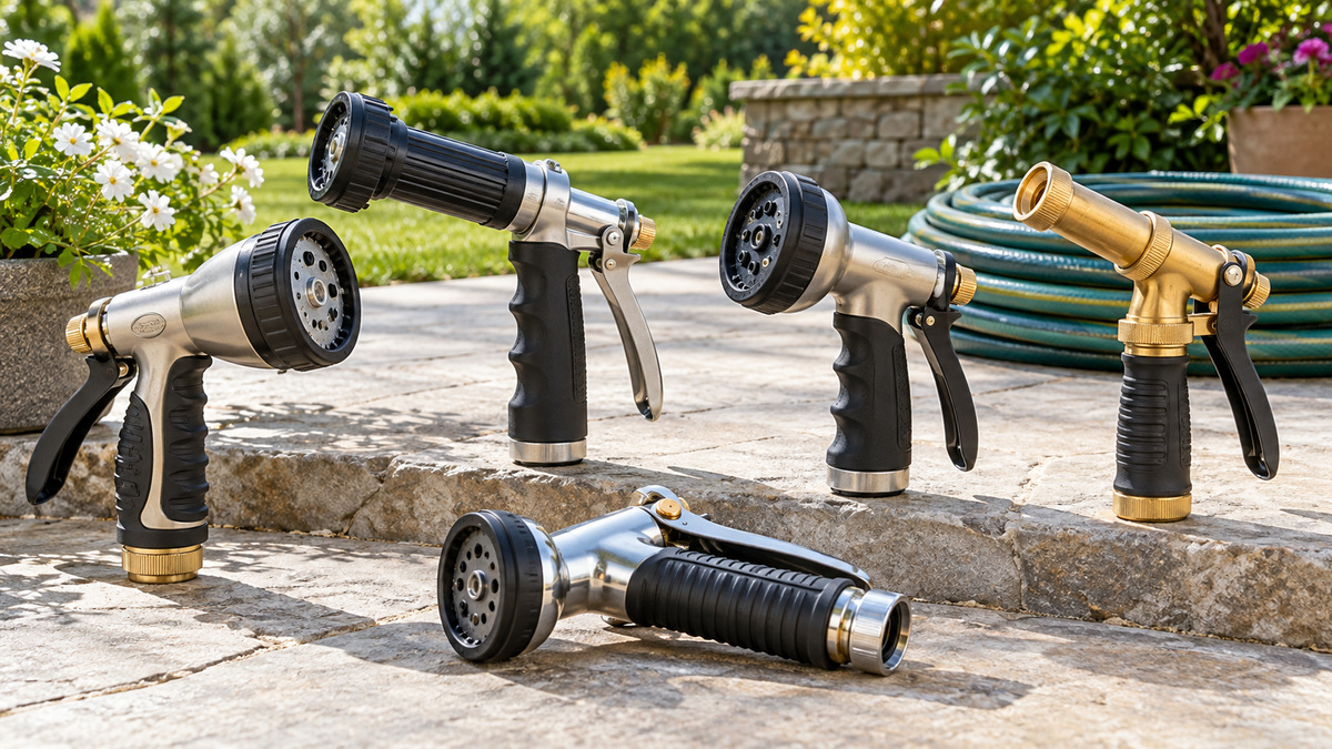 Heavy-duty fire-hose-style garden nozzles arranged for comparison on a sunny patio.