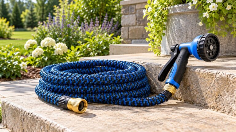 An expandable hose coiled in a short loop beside a spray nozzle with a blue and black hose on a patio step.