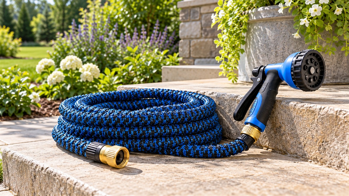 An expandable hose coiled in a short loop beside a spray nozzle with a blue and black hose on a patio step.