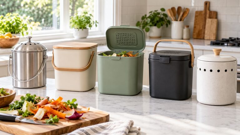 Five compact countertop food waste bins are compared beside fresh vegetable scraps.