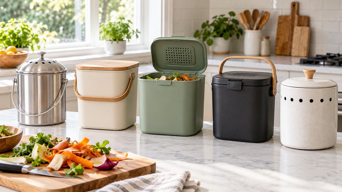 Five compact countertop food waste bins are compared beside fresh vegetable scraps.