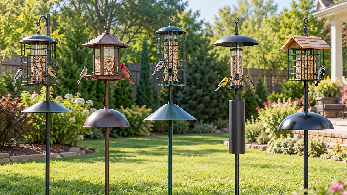 Five freestanding squirrel-resistant bird feeders are compared in a sunny garden.