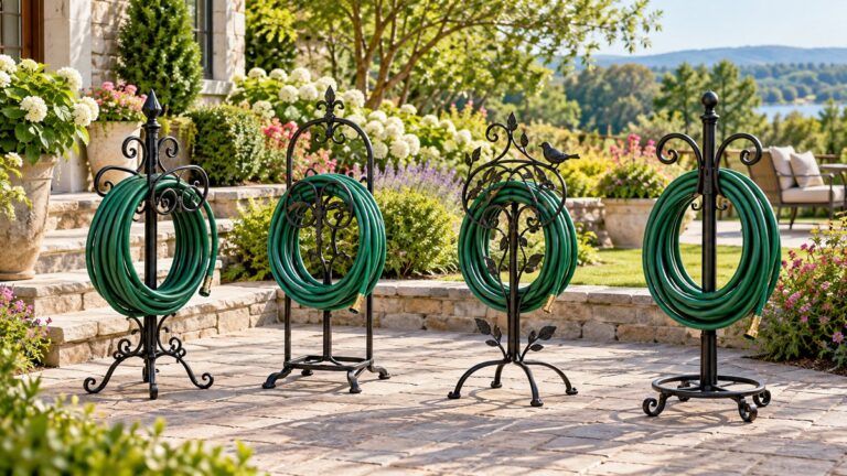 Free-standing wrought iron hose holders display coiled garden hoses on a sunny patio.