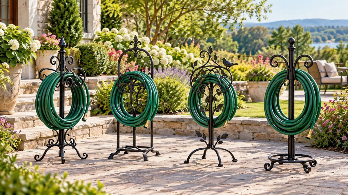 Free-standing wrought iron hose holders display coiled garden hoses on a sunny patio.