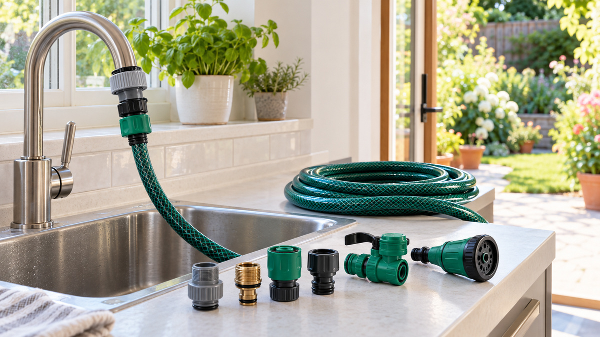 Generic garden hose attachments arranged beside a kitchen faucet and coiled hose.