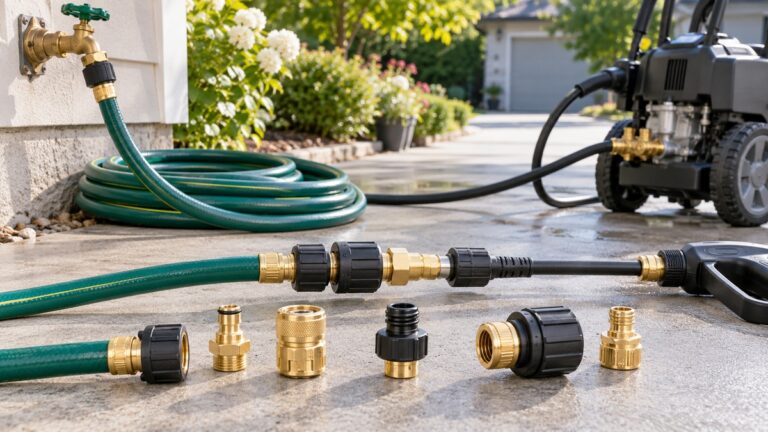 Several hose and pressure washer connector configurations are compared on a sunny driveway.
