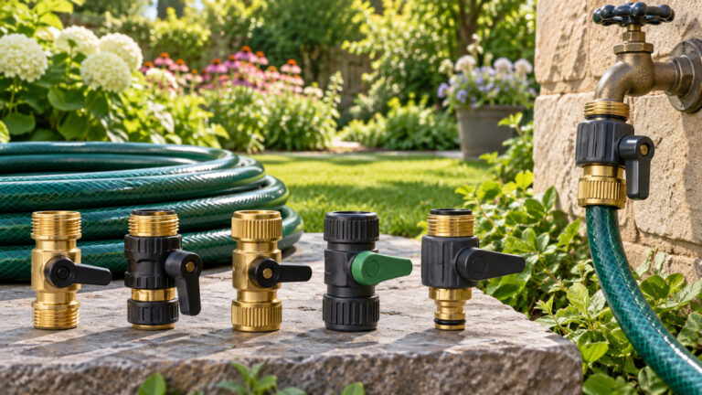 Garden hose connectors with shut-off valves are compared beside a coiled hose and outdoor spigot.