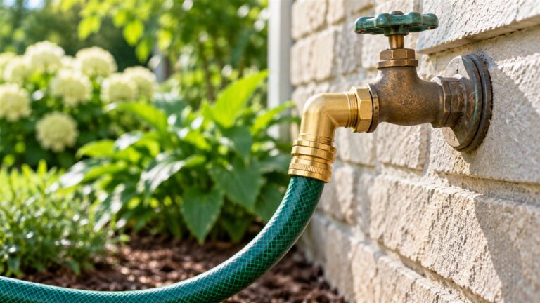 A brass 90 degree hose elbow screwed onto an outdoor faucet close to a garden wall, with a green hose curving away.