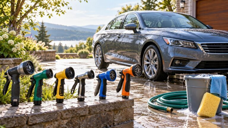 Six hose nozzles arranged beside a freshly washed car and cleaning supplies.