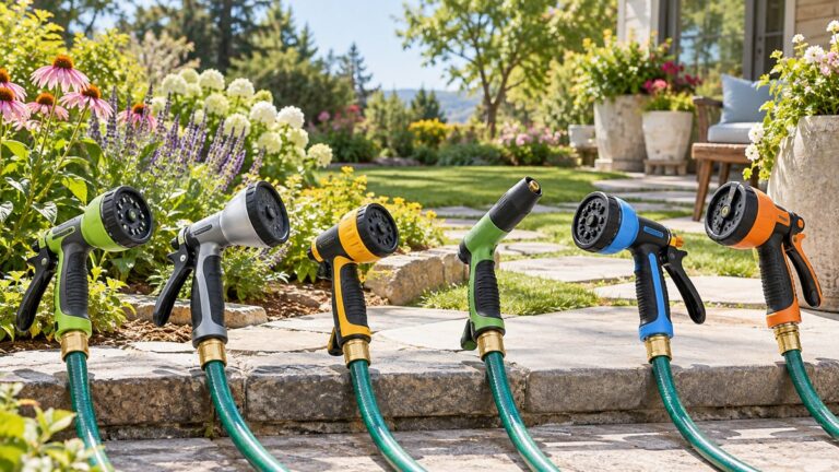 Six garden hose nozzles arranged beside flowering beds and patio plants.