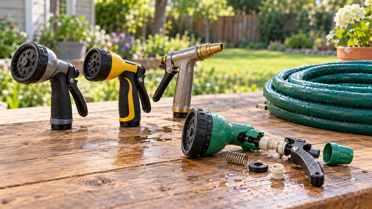 Generic garden hose nozzles with a disassembled trigger valve on an outdoor workbench.