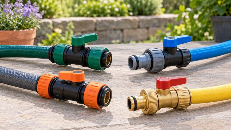 Garden hose quick connectors with shutoff valves compared on a sunny patio.