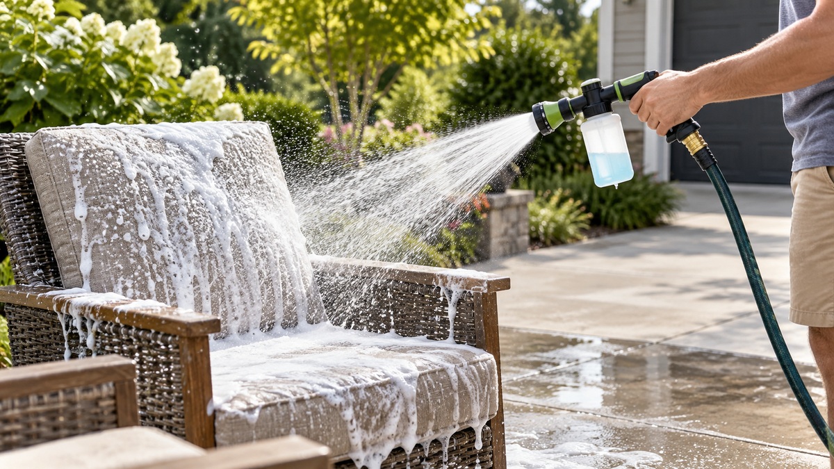 A garden hose spray nozzle with a soap dispenser washing an outdoor chair.