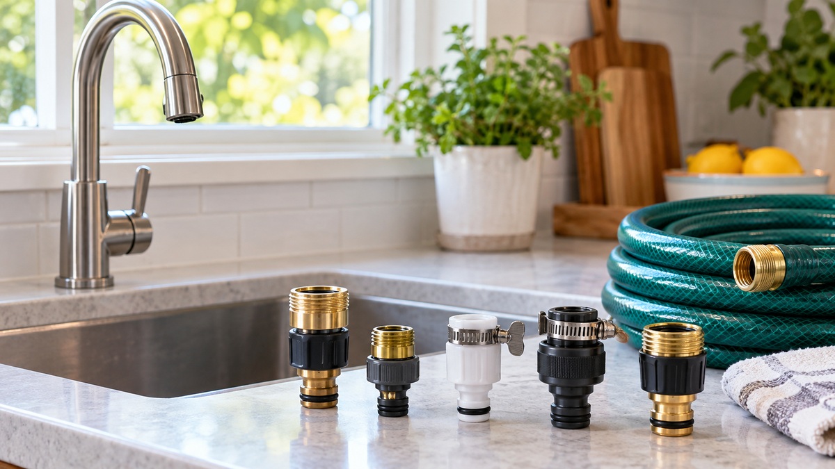 Several garden hose faucet adapters arranged beside a kitchen sink and coiled hose.