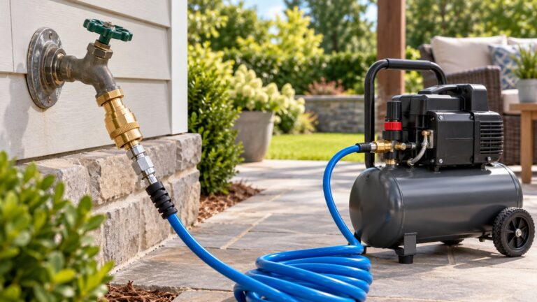 A brass winterizing adapter with a quick-connect plug, attached to a garden hose faucet, with a small air compressor on a patio beside it.