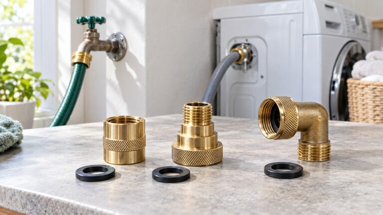Three brass hose adapter configurations and rubber washers are displayed in a bright laundry area.