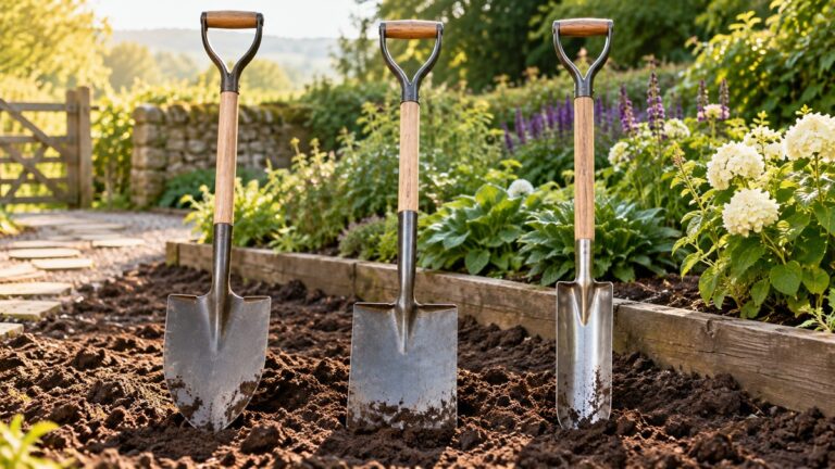 Garden spades compared beside a planting bed