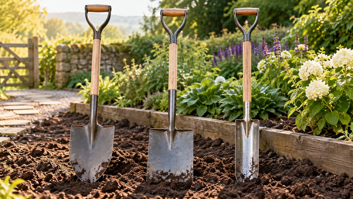 Garden spades compared beside a planting bed