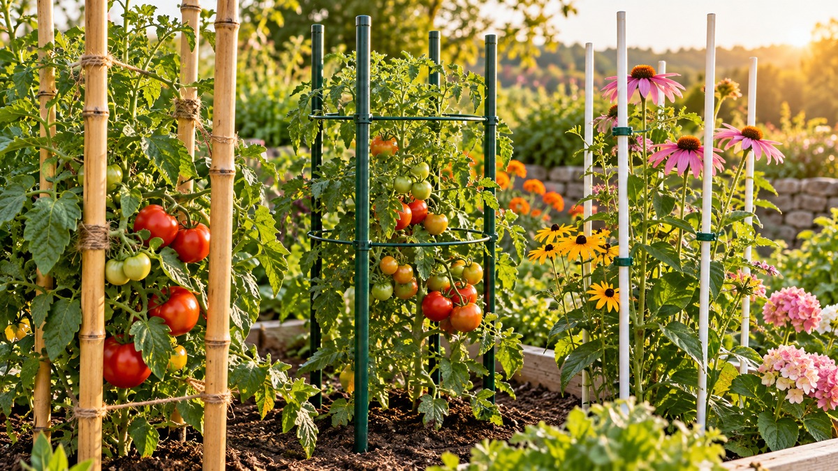 Garden stakes supporting vegetables and flowering plants