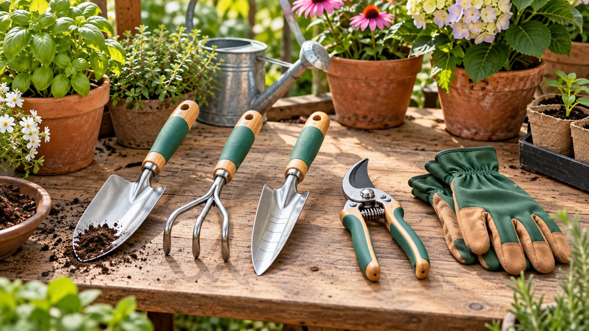Garden hand tool sets arranged on a potting bench