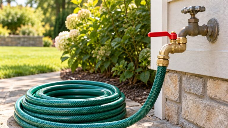 A brass 90 degree hose adapter with a red shut-off handle, fitted to an outdoor spigot beside a coiled garden hose.