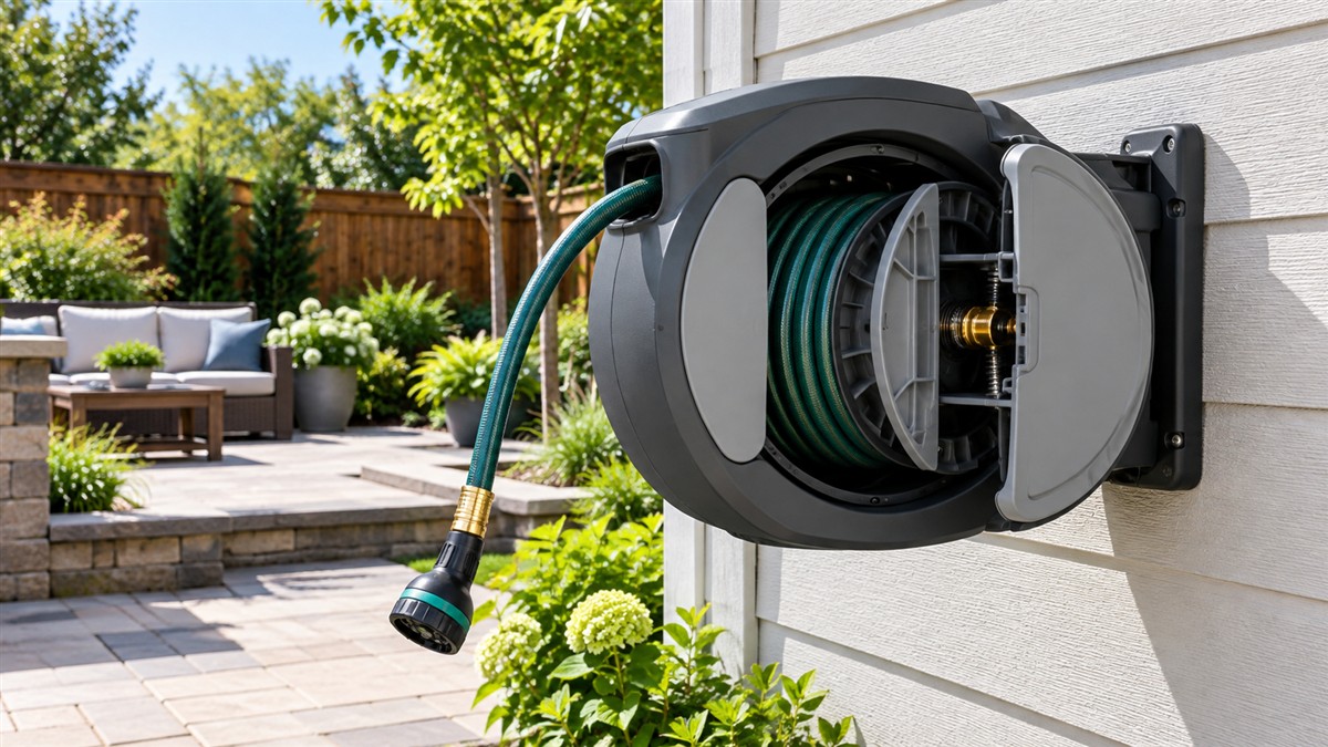 A garden hose reel mounted on a backyard wall with its hose partly wound, in bright daylight.