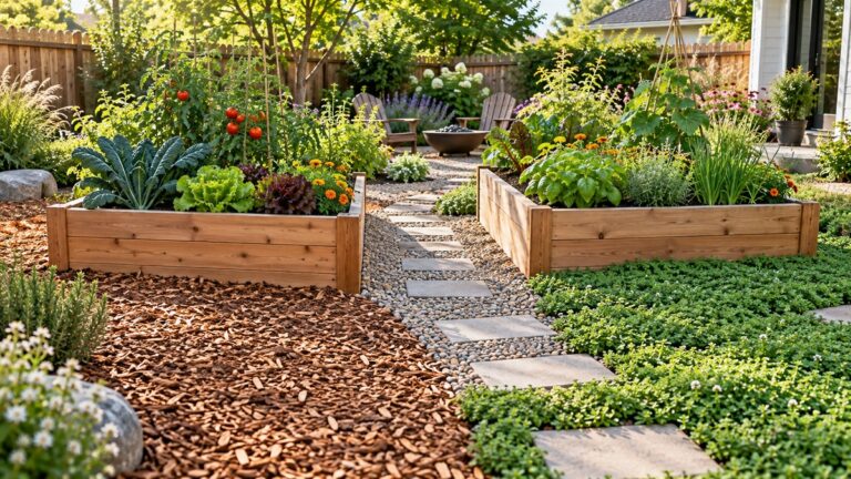 Wood chips, pea gravel, and green groundcover arranged around two raised garden beds.
