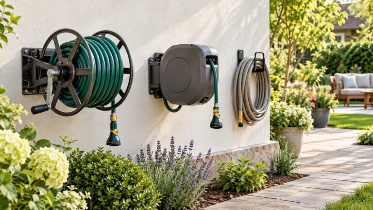 Three wall-mounted garden hose storage configurations are displayed beside a sunny patio.