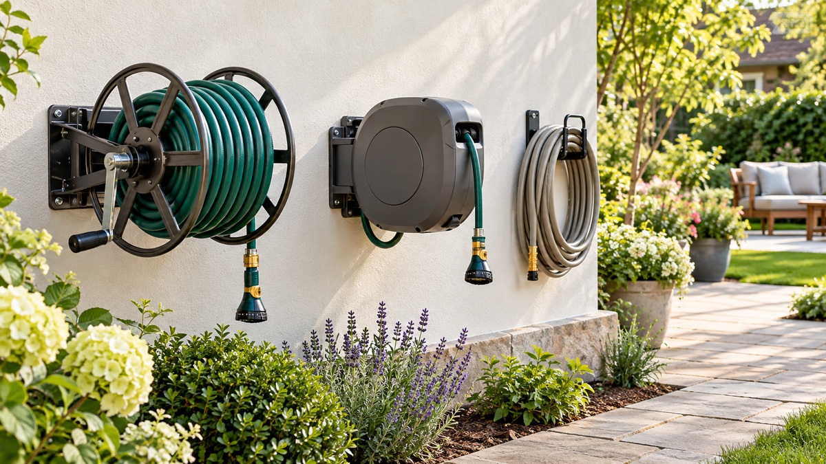 Three wall-mounted garden hose storage configurations are displayed beside a sunny patio.