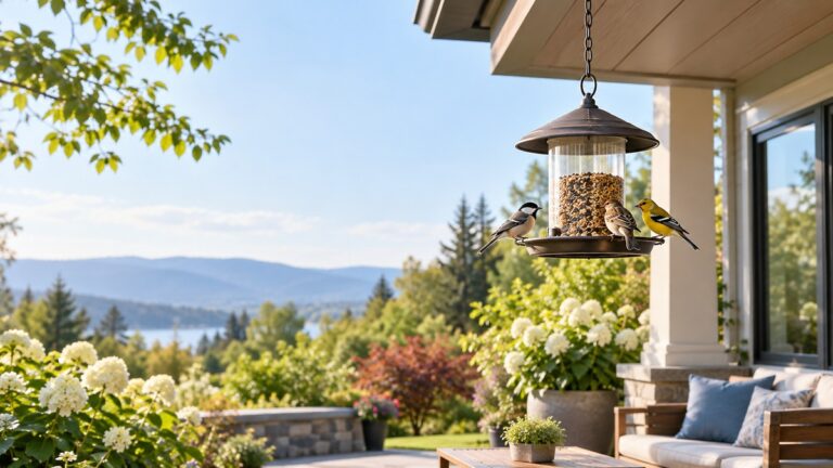 A hanging bird feeder with small birds beneath a house eave.