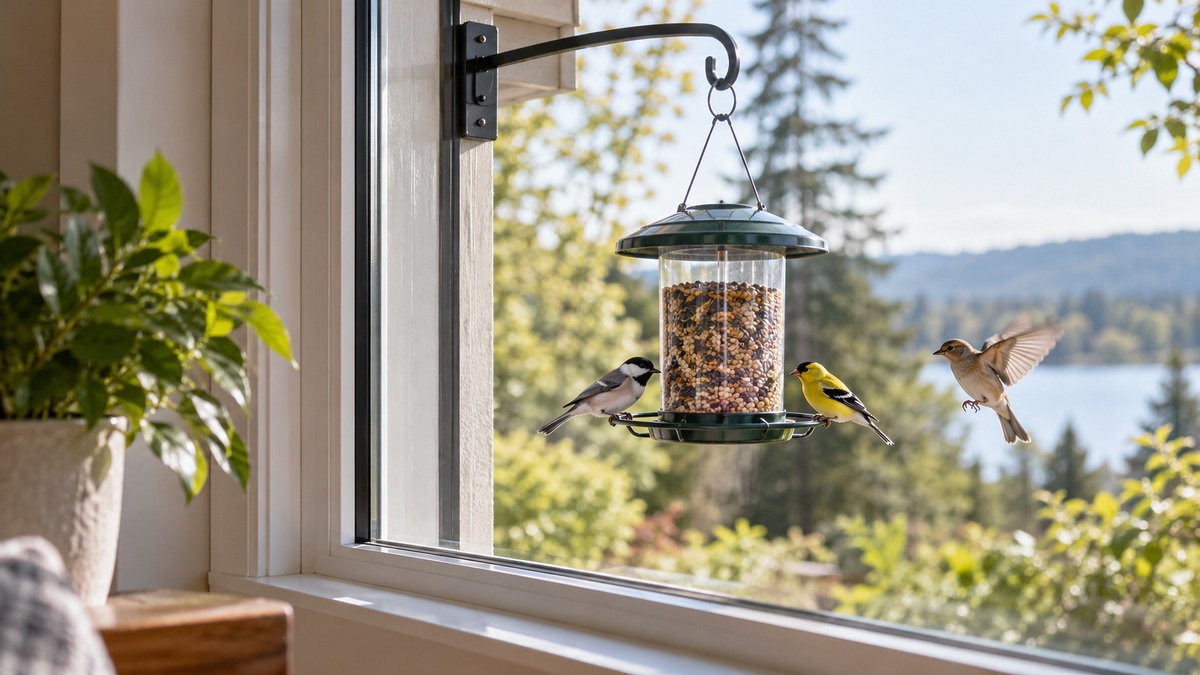 Small birds visit a hanging feeder mounted just outside a sunny window.