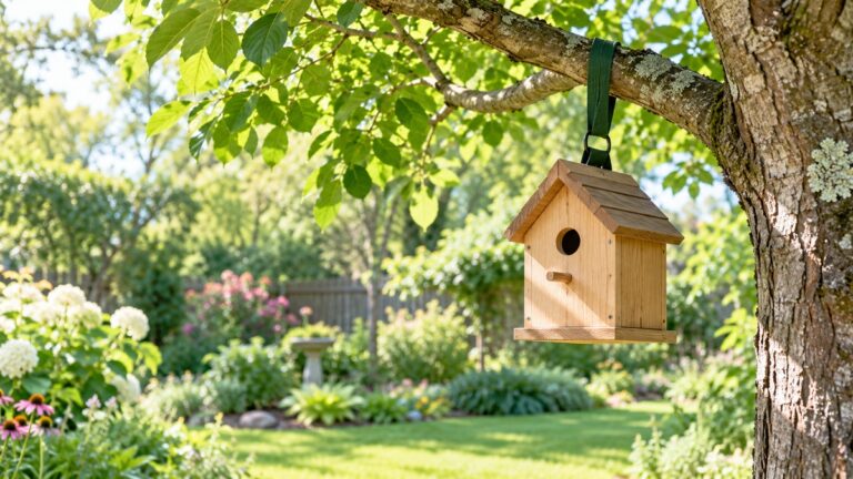 A wooden birdhouse hangs securely from a leafy tree branch in a sunny garden.