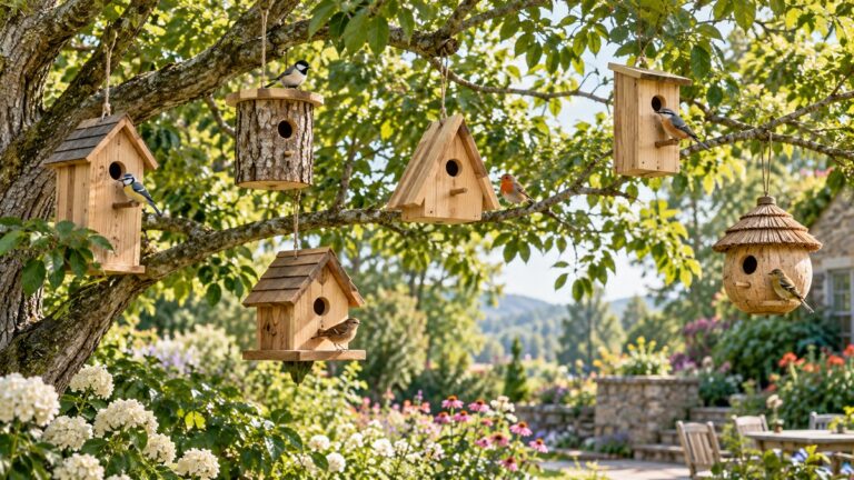 Six natural wooden birdhouses hanging from leafy tree branches in a sunny garden.