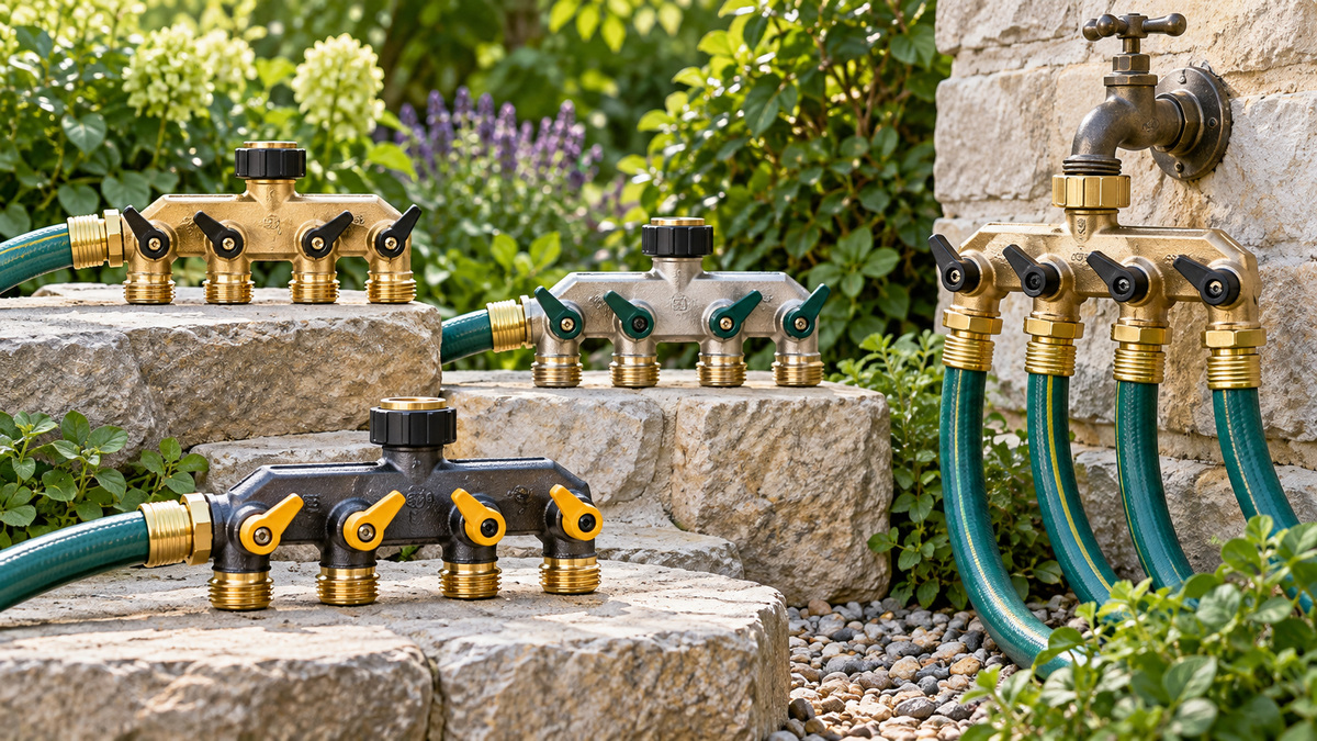 Heavy-duty four-way garden hose splitters arranged beside an outdoor faucet.
