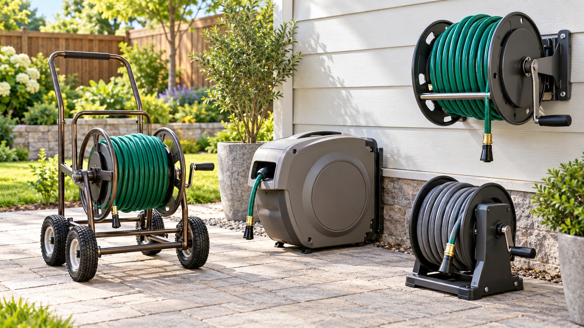 Four heavy-duty hose reel styles are displayed in a sunny backyard utility area.