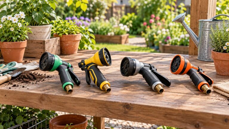 Heavy-duty garden hose spray guns on a potting bench.