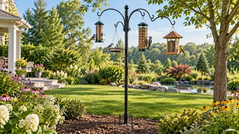 A heavy-duty multi-hook bird feeder pole anchored in a sunny landscaped backyard.