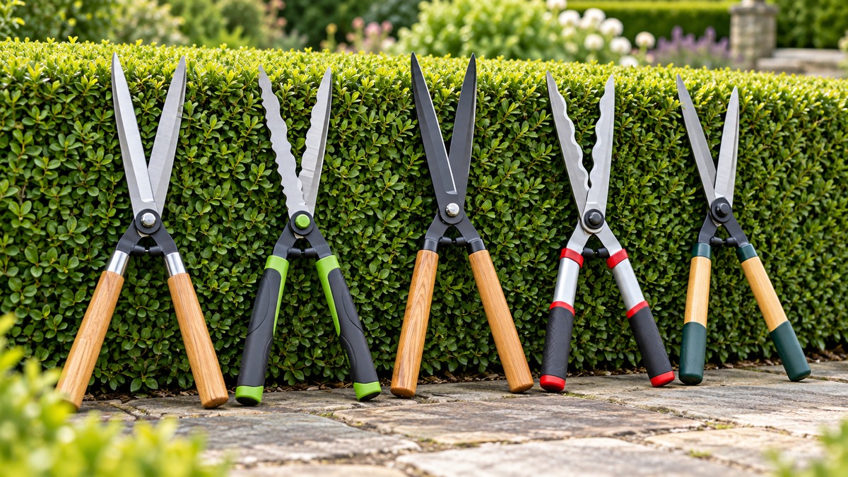 Manual hedge shears compared beside a trimmed hedge